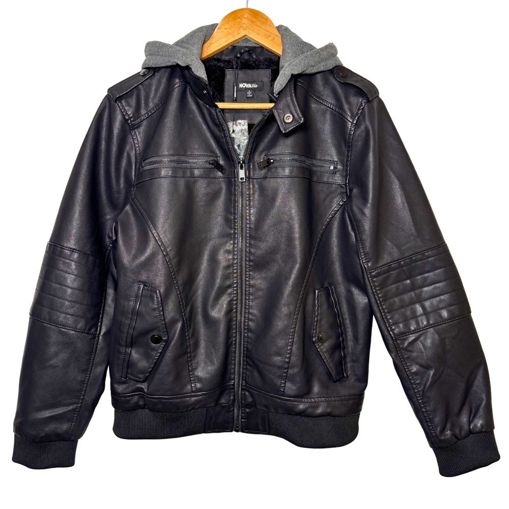 Faux Leather Moto Hooded Jacket 
Nova Kids By Fashion Nova, size 18, Black